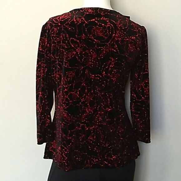 Notations Formal Black Velvet/Red Glitter Ruffled Overlay Blouse. Sz PM - Picture 7 of 9